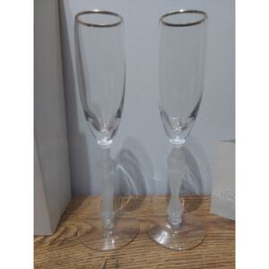 LENOX FROSTED BRIDE GROOM CHAMPAGNE TOASTING FLUTES GLASSES GOLD RIMMED TOPS